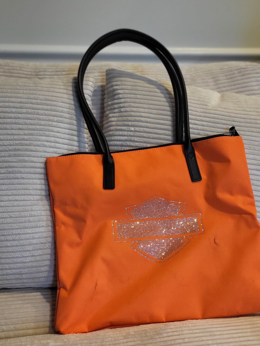 FREE GIFT.  Harley-Davidson L Size Orange Rhinestone Tote Bag with Black Handles